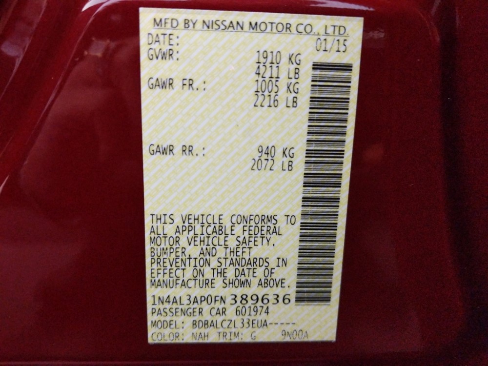2015 Nissan Altima - VIN Plate