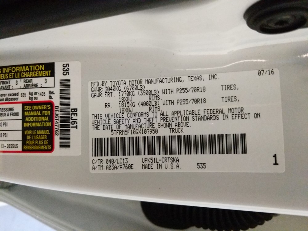 2016 Toyota Tundra - VIN Plate