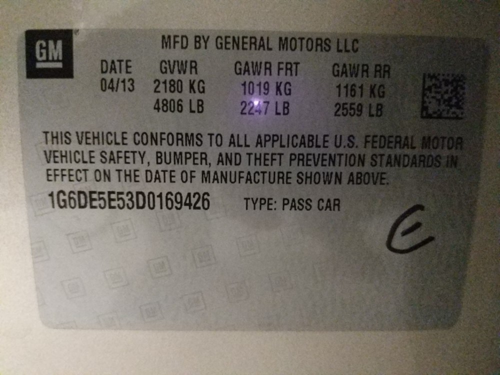 2013 Cadillac CTS - VIN Plate