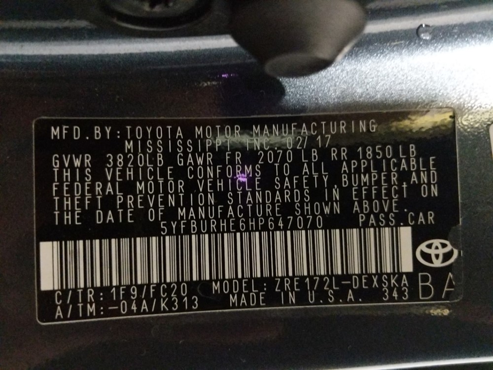 2017 Toyota Corolla - VIN Plate