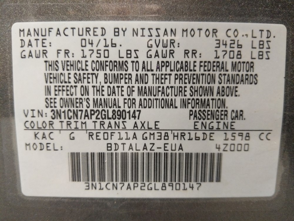 2016 Nissan Versa - VIN Plate