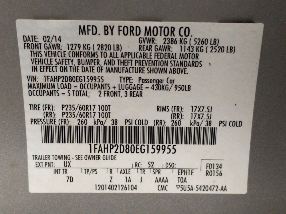 2014 Ford Taurus - VIN Plate