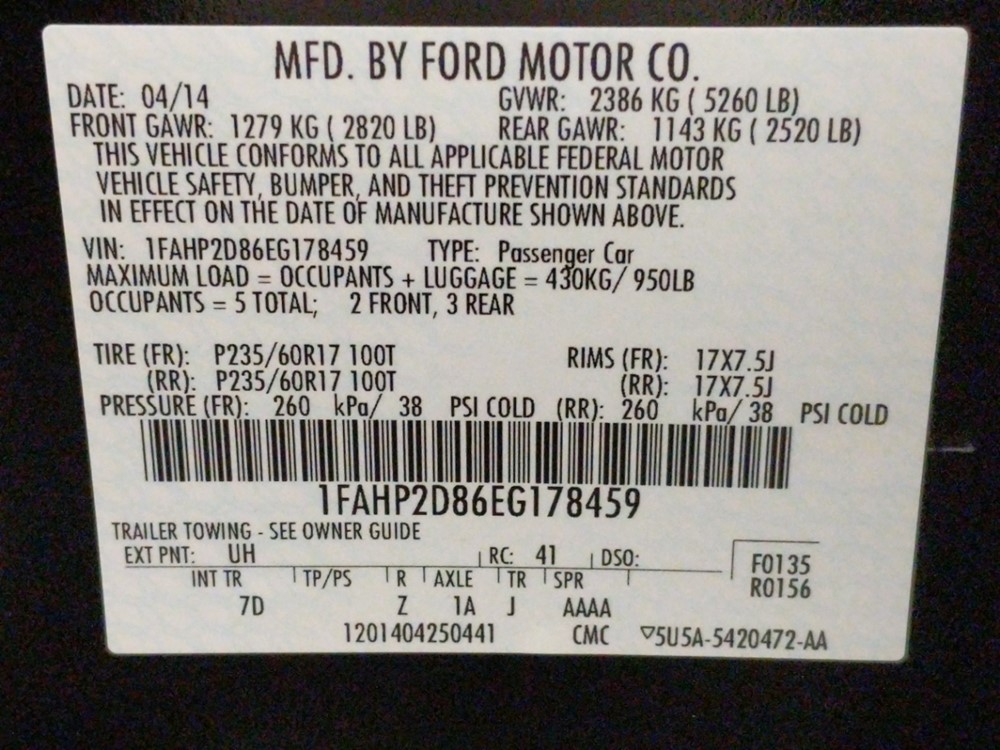 2014 Ford Taurus - VIN Plate