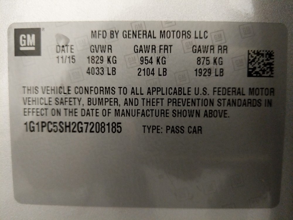 2016 Chevrolet Cruze - VIN Plate