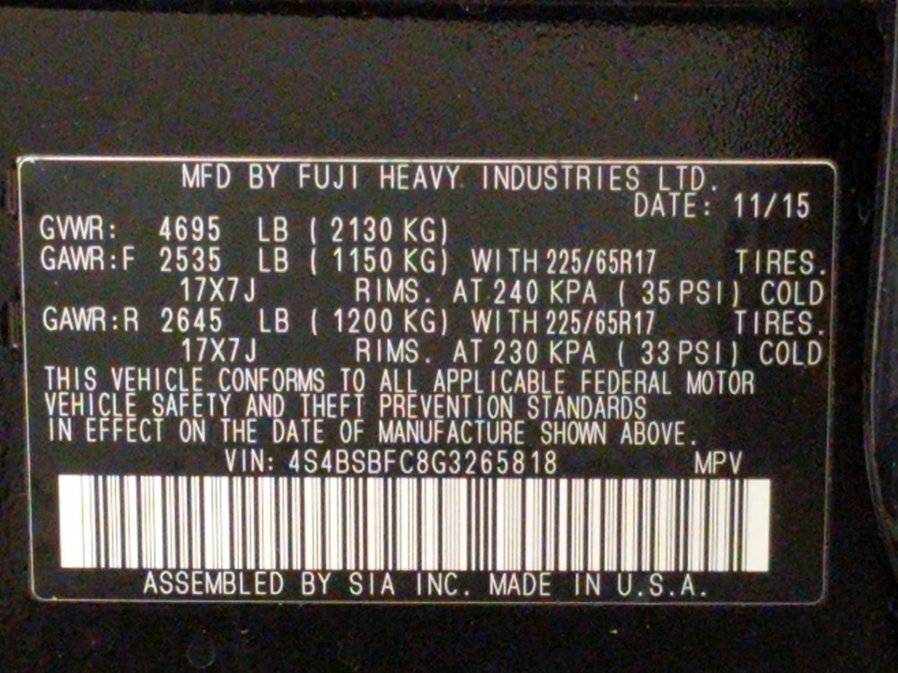 2016 Subaru Outback - VIN Plate