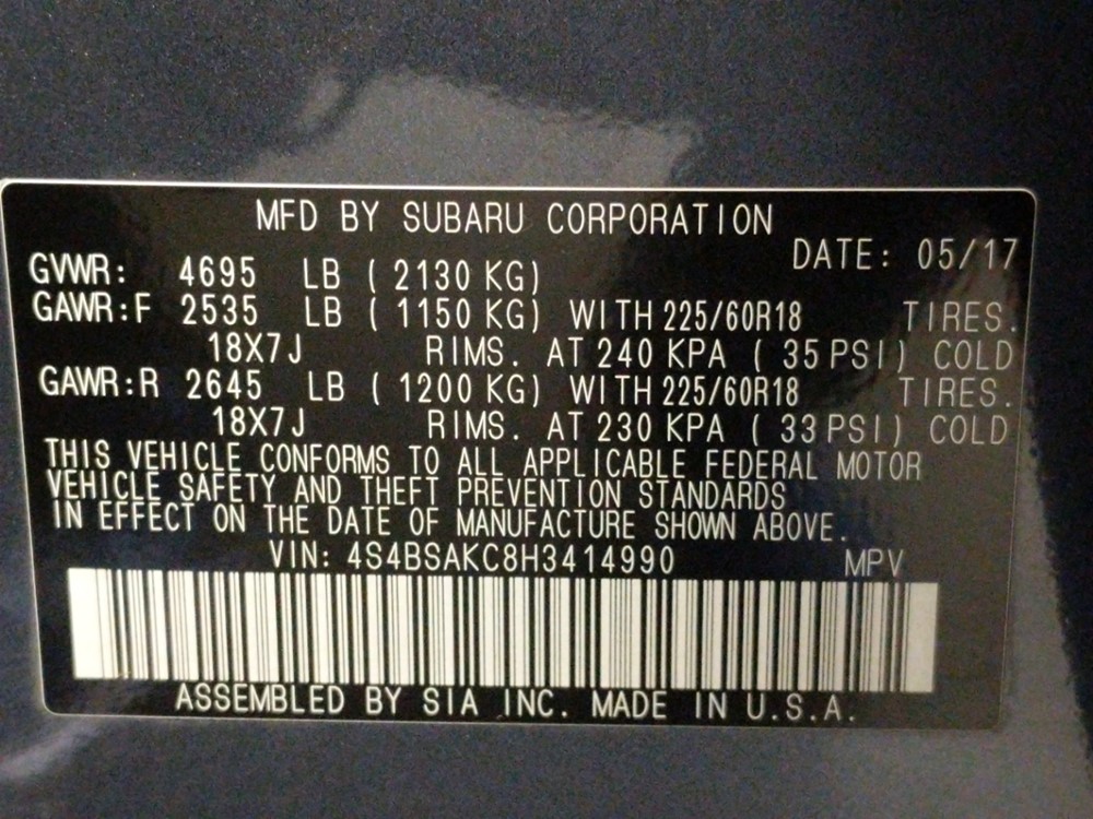 2017 Subaru Outback - VIN Plate