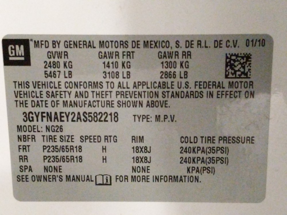 2010 Cadillac SRX - VIN Plate