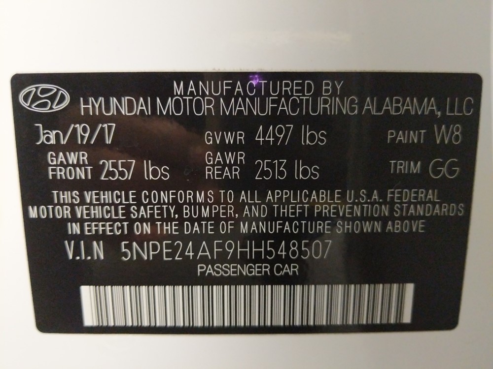 2017 Hyundai Sonata - VIN Plate