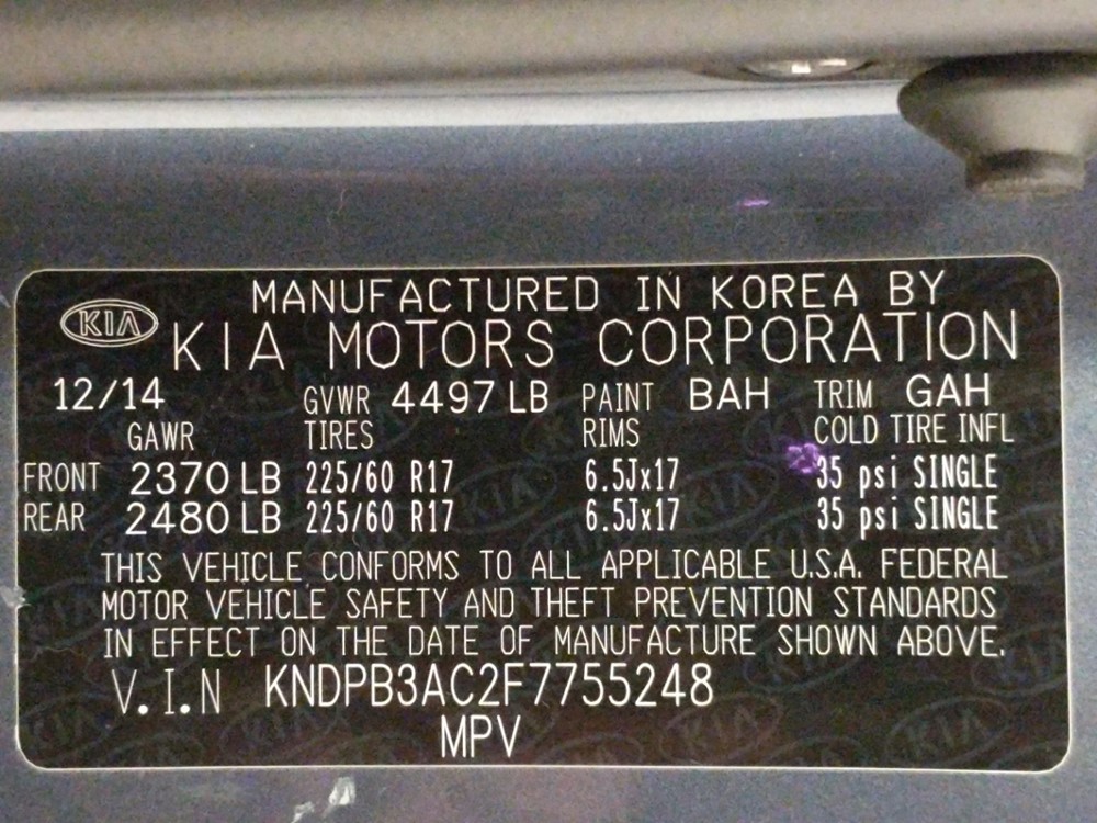 2015 Kia Sportage - VIN Plate