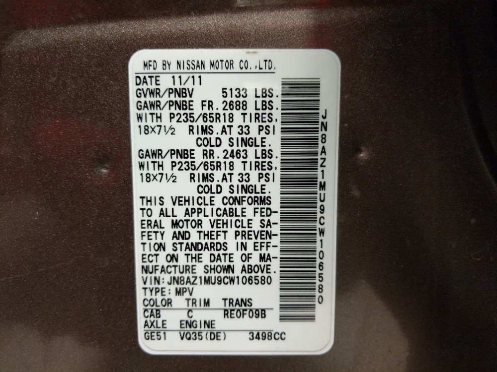 2012 Nissan Murano - VIN Plate