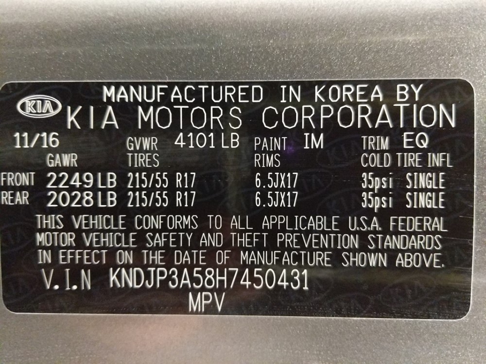 2017 Kia Soul - VIN Plate