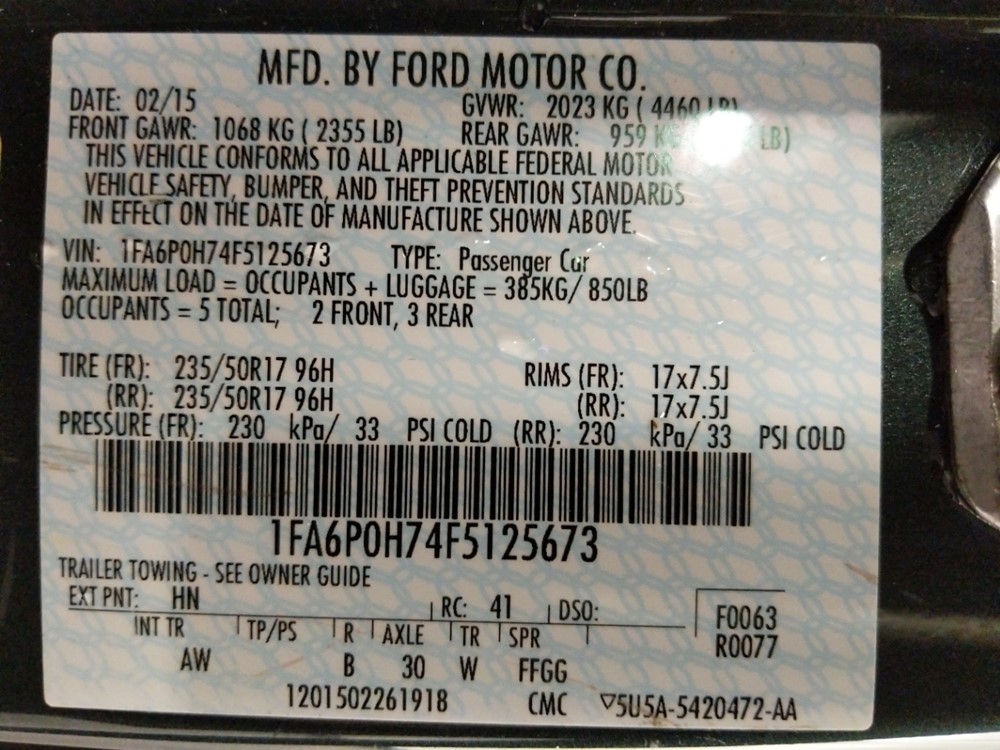 2015 Ford Fusion - VIN Plate