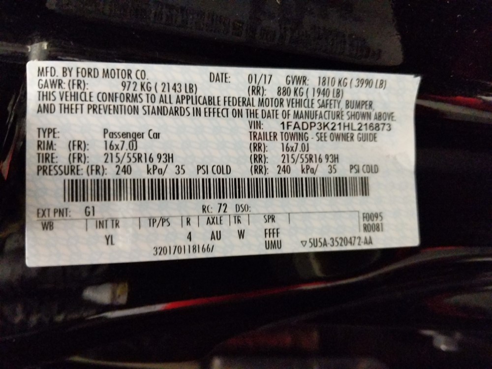 2017 Ford Focus - VIN Plate