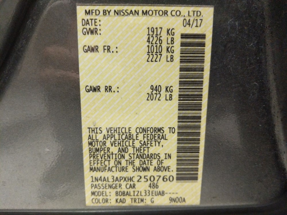 2017 Nissan Altima - VIN Plate