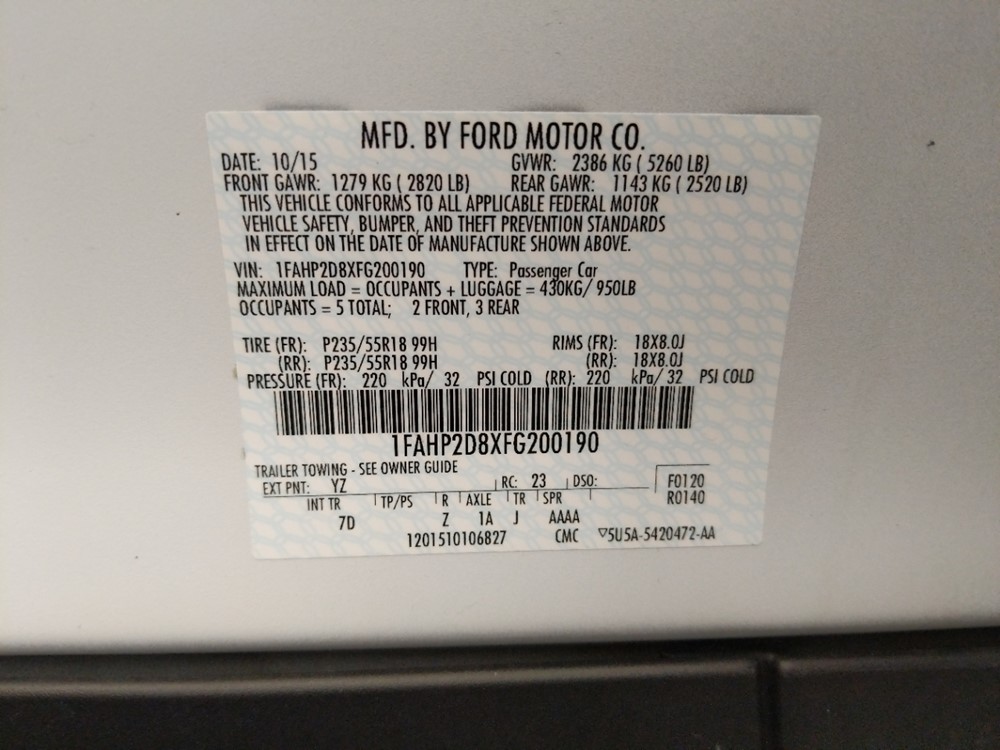 2015 Ford Taurus - VIN Plate