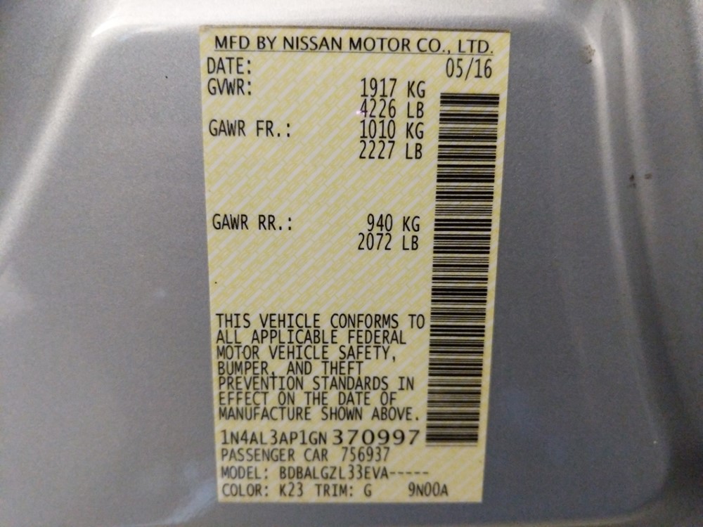2016 Nissan Altima - VIN Plate