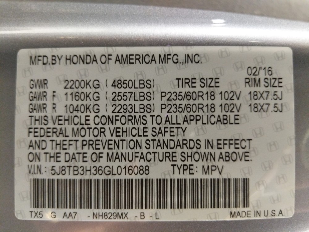 2016 Acura RDX - VIN Plate