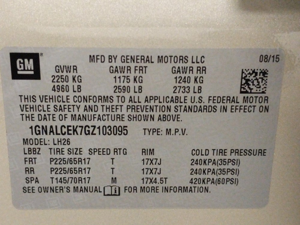 2016 Chevrolet Equinox - VIN Plate