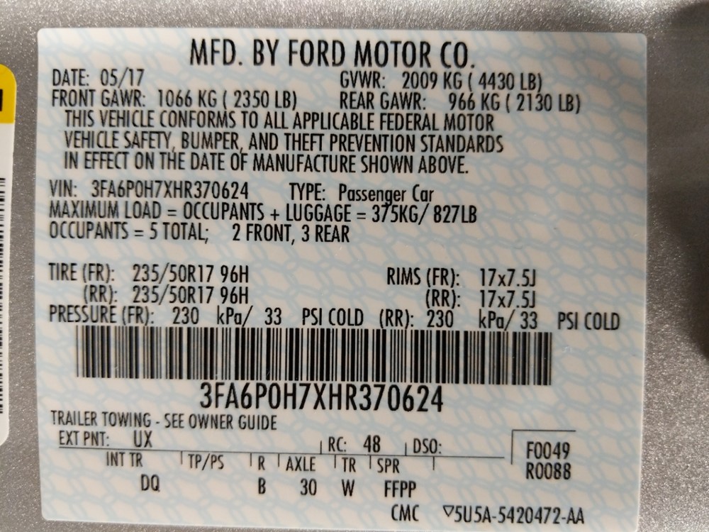 2017 Ford Fusion - VIN Plate