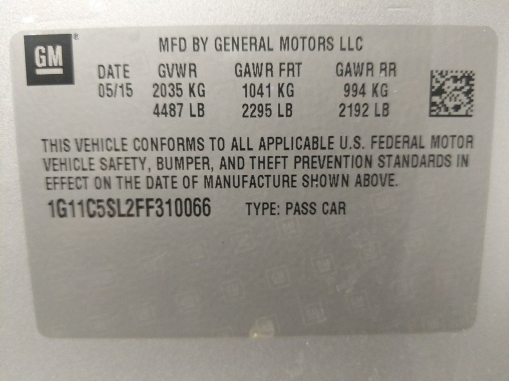 2015 Chevrolet Malibu - VIN Plate