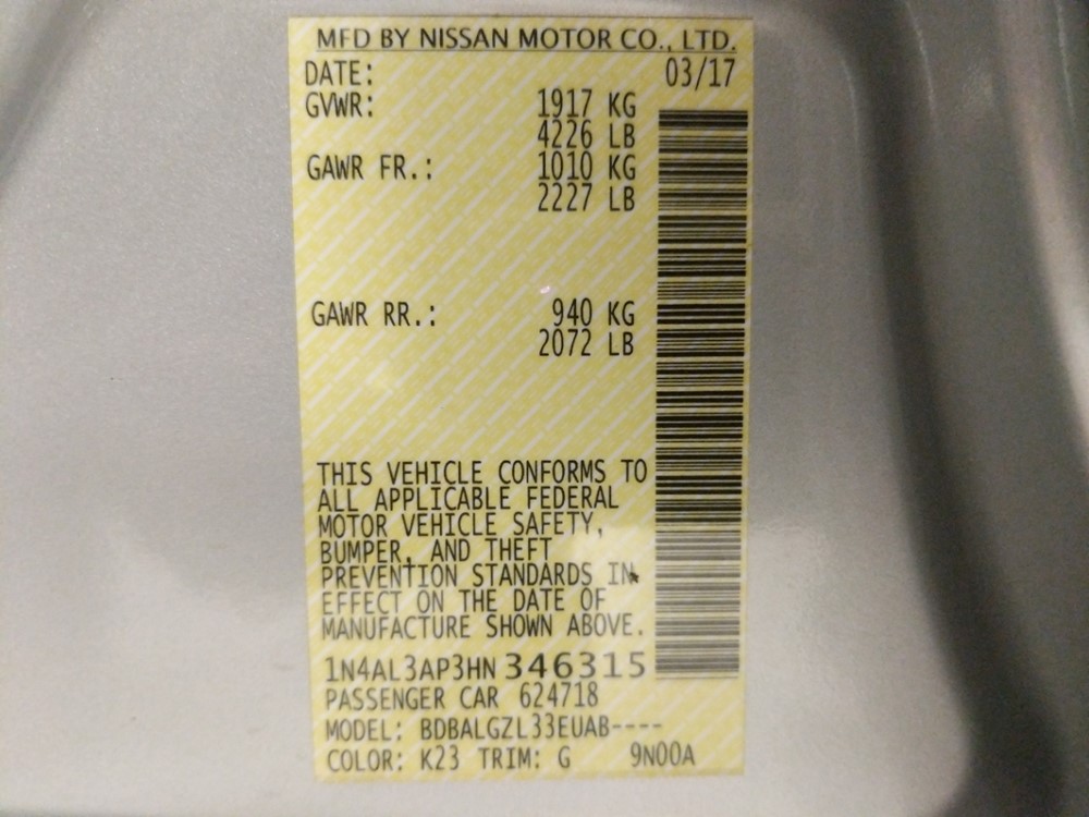 2017 Nissan Altima - VIN Plate