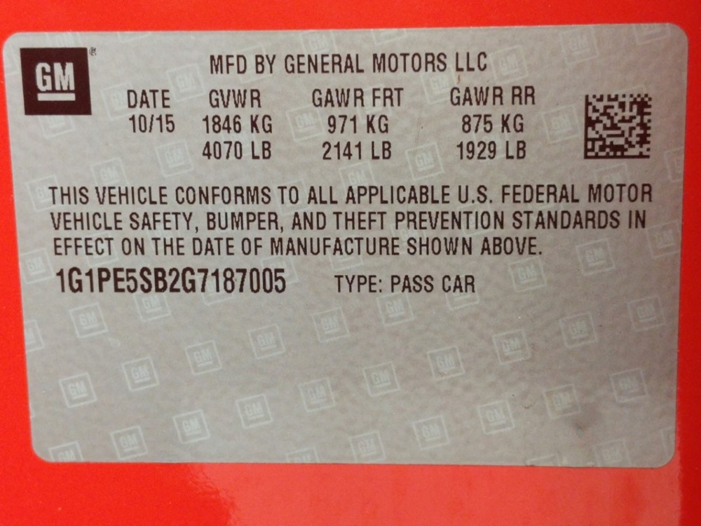 2016 Chevrolet Cruze - VIN Plate