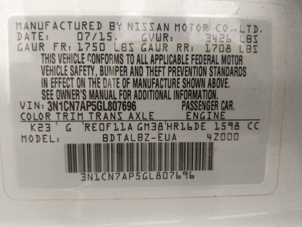 2016 Nissan Versa - VIN Plate