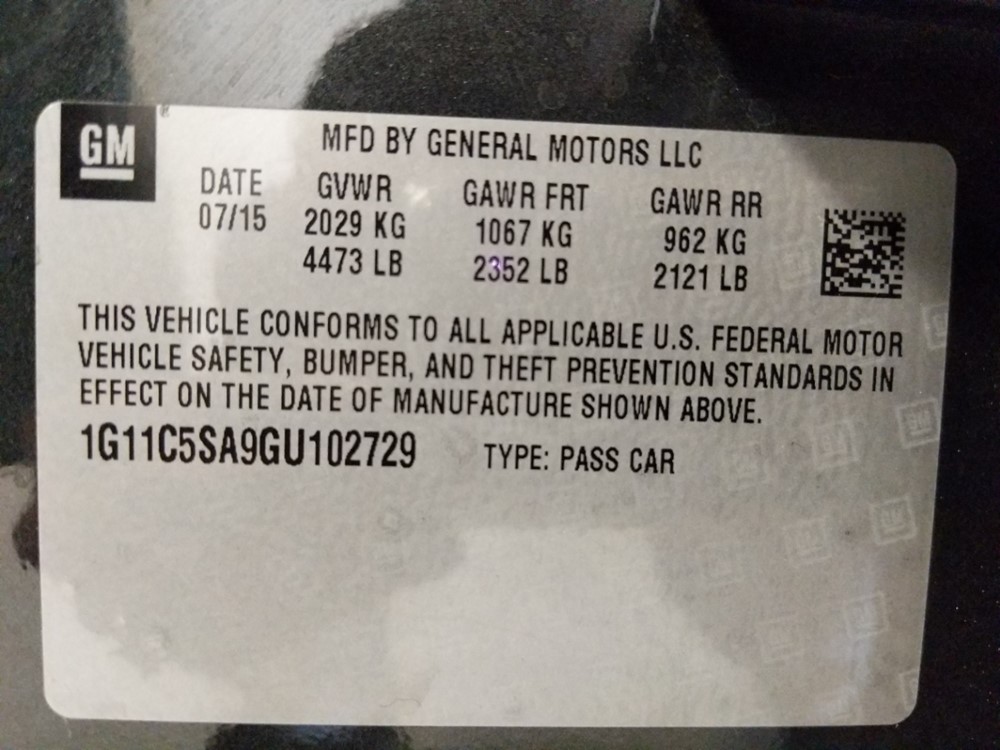 2016 Chevrolet Malibu - VIN Plate