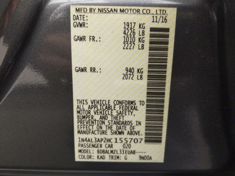 2017 Nissan Altima - VIN Plate