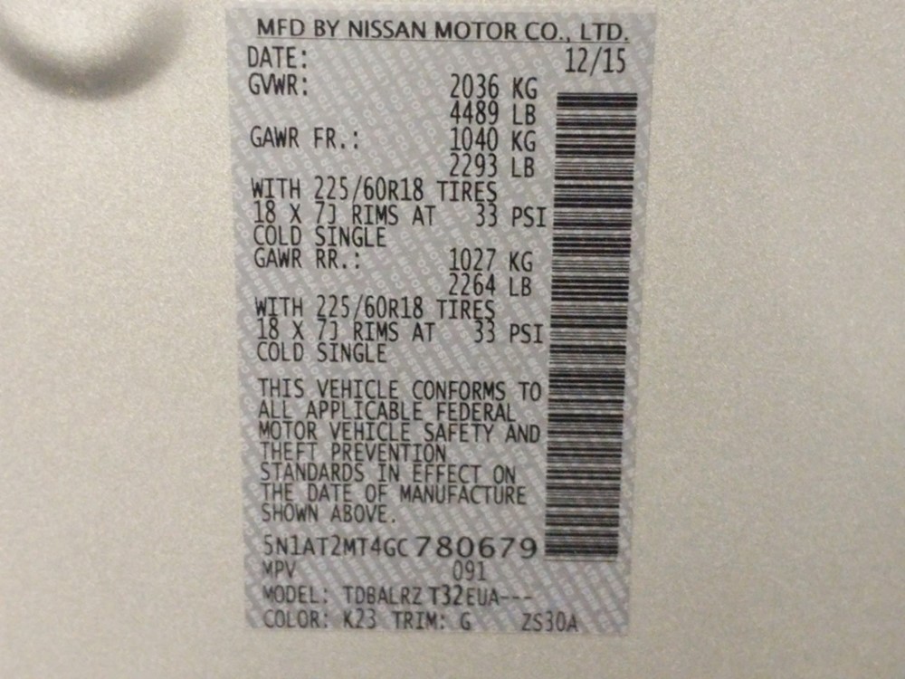2016 Nissan Rogue - VIN Plate