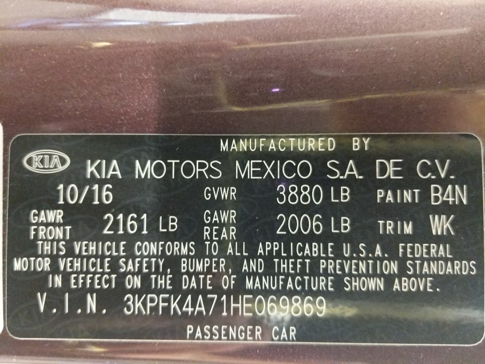 2017 Kia Forte - VIN Plate