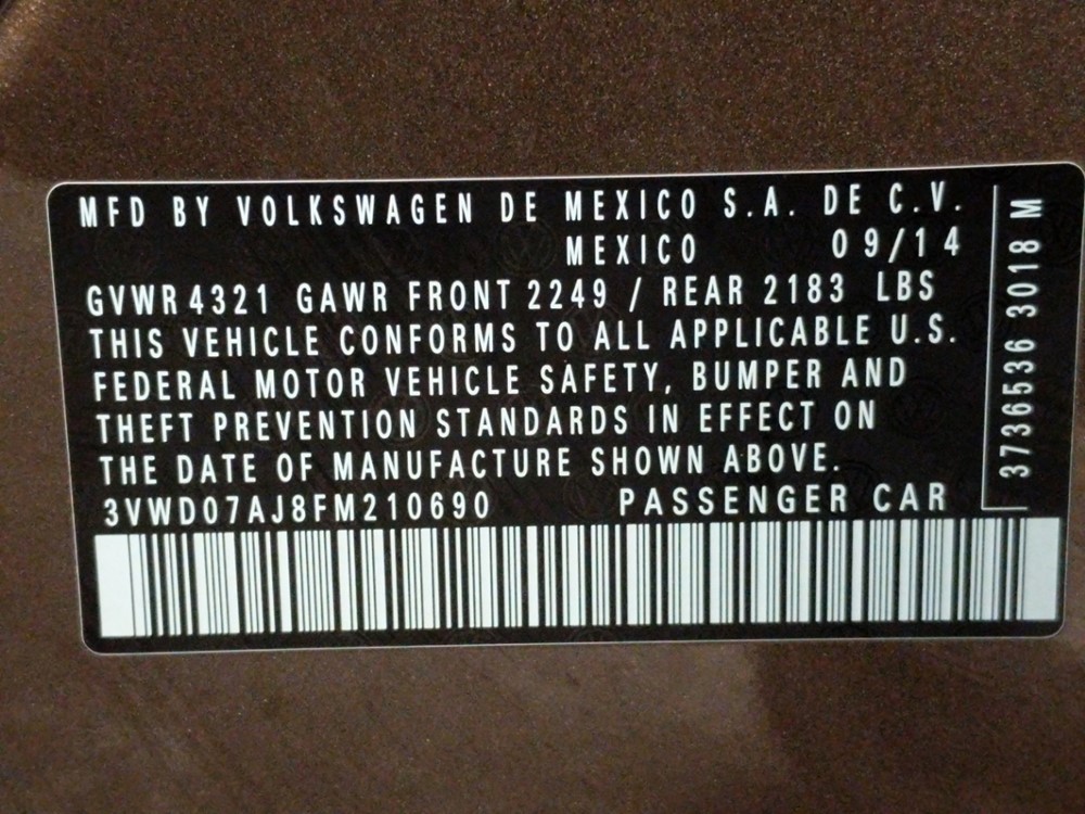 2015 Volkswagen Jetta - VIN Plate
