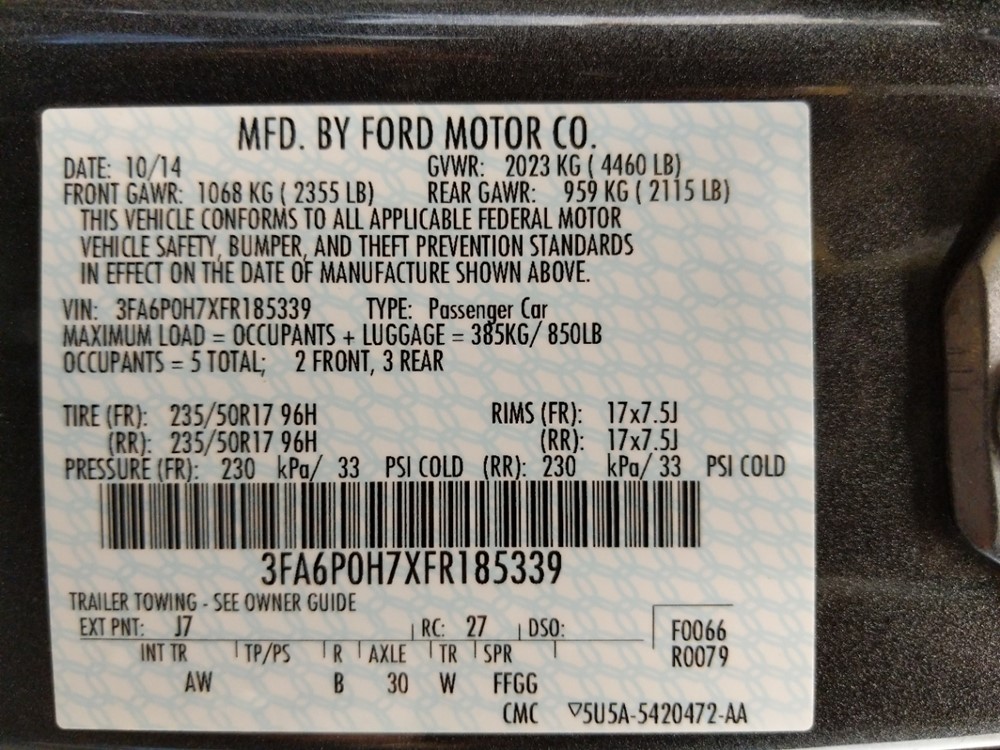 2015 Ford Fusion - VIN Plate