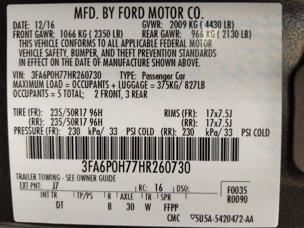 2017 Ford Fusion - VIN Plate