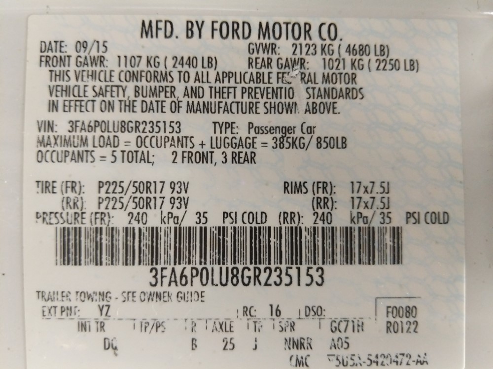2016 Ford Fusion - VIN Plate