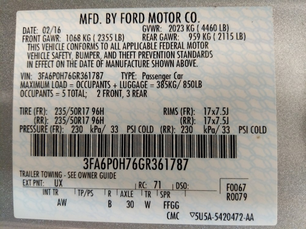 2016 Ford Fusion - VIN Plate