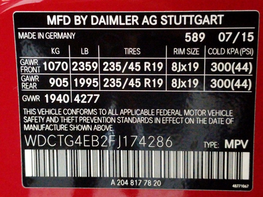 2015 Mercedes-Benz GLA250 - VIN Plate