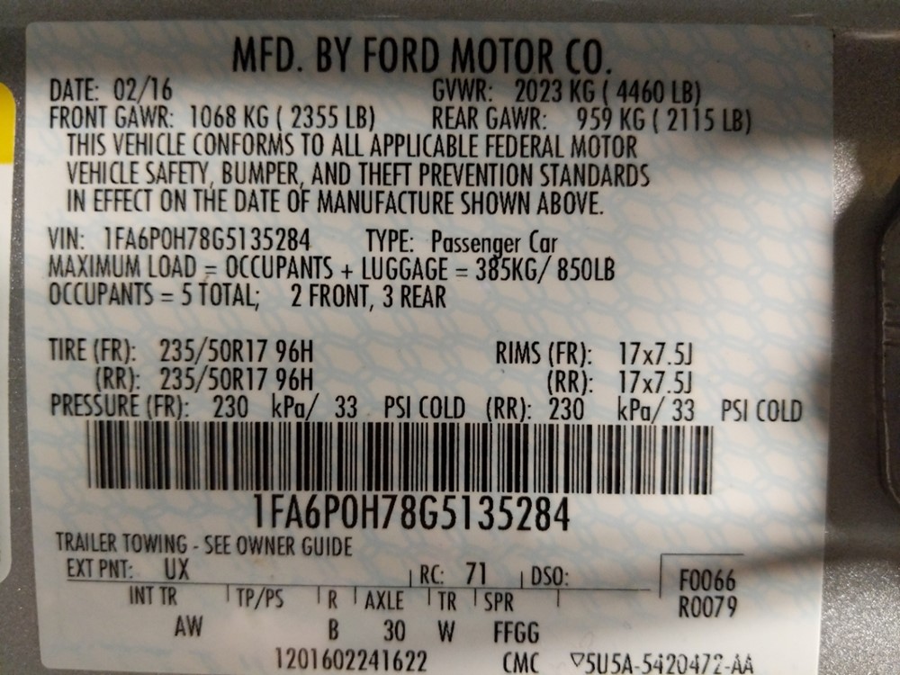 2016 Ford Fusion - VIN Plate