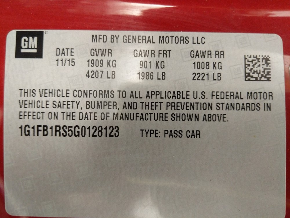 2016 Chevrolet Camaro - VIN Plate