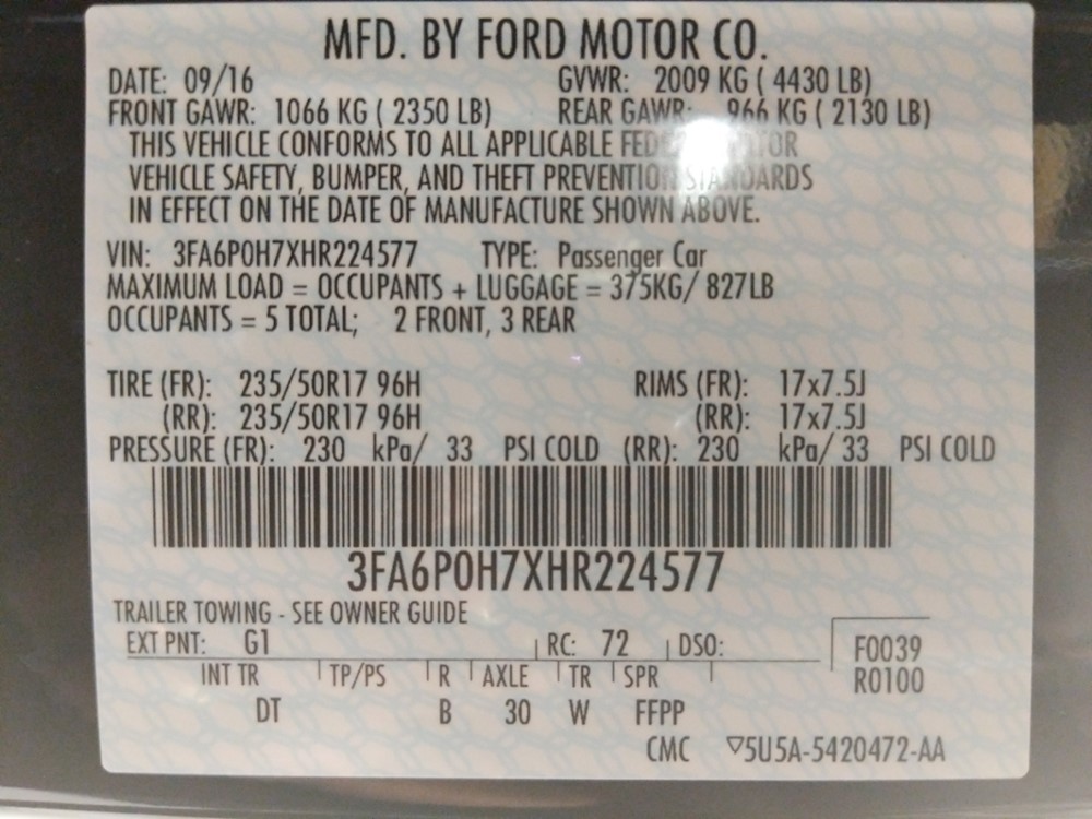2017 Ford Fusion - VIN Plate
