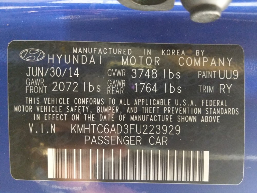 2015 Hyundai Veloster - VIN Plate
