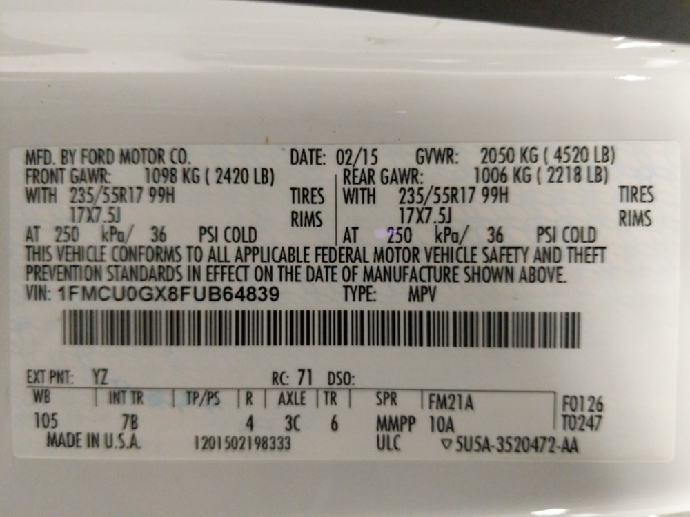 2015 Ford Escape - VIN Plate