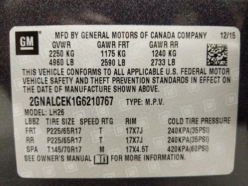 2016 Chevrolet Equinox - VIN Plate