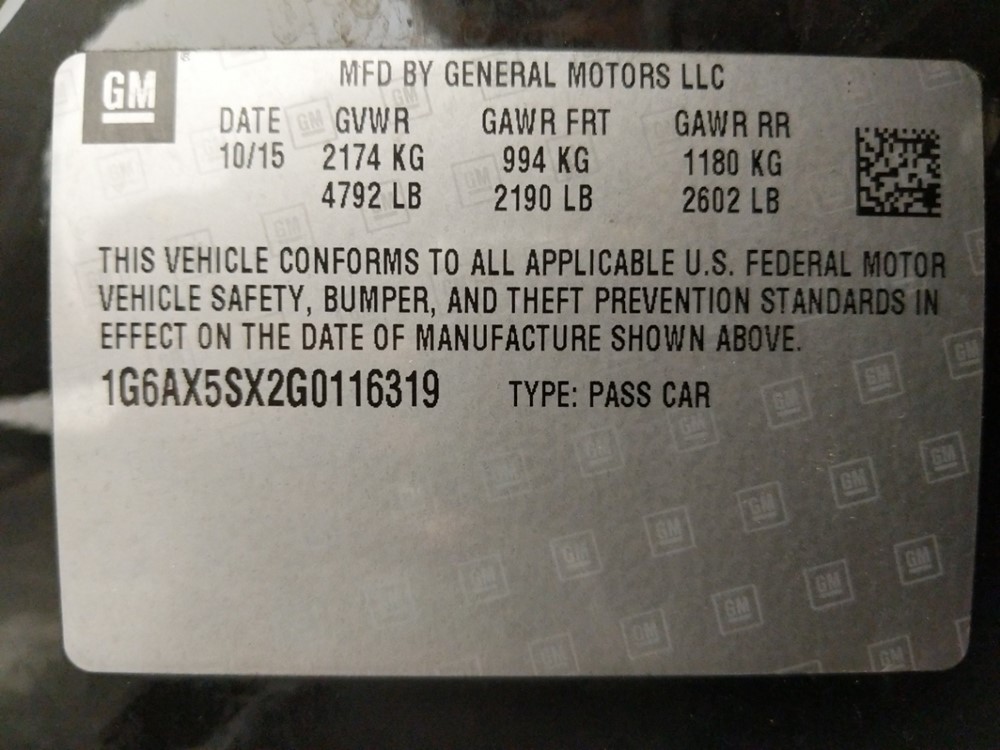 2016 Cadillac CTS - VIN Plate