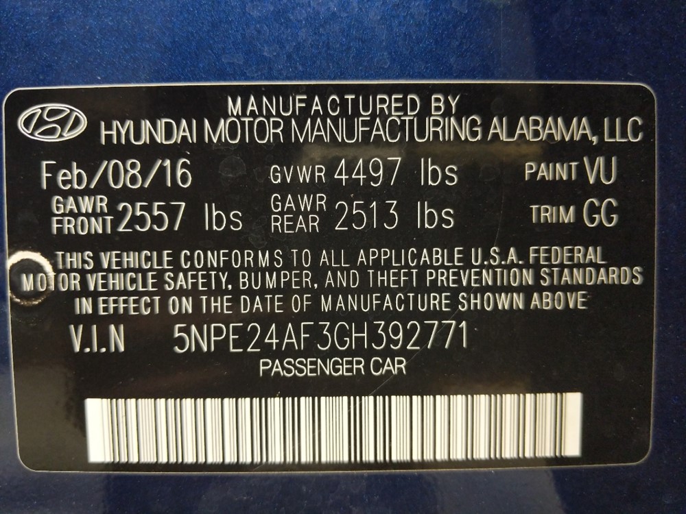 2016 Hyundai Sonata - VIN Plate