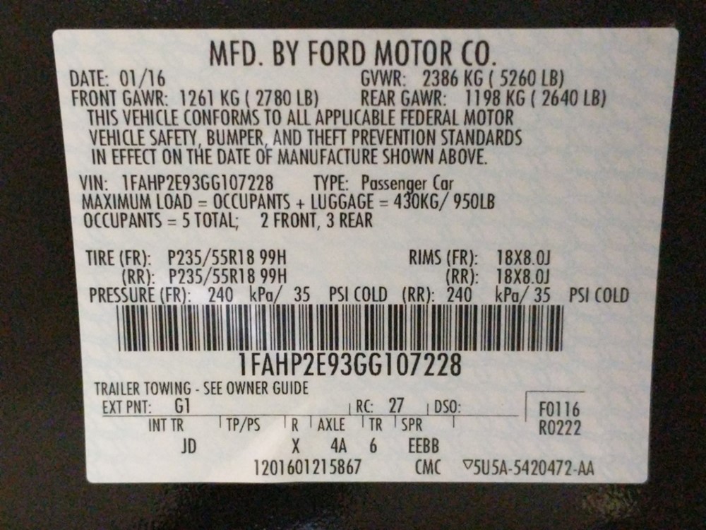 2016 Ford Taurus - VIN Plate