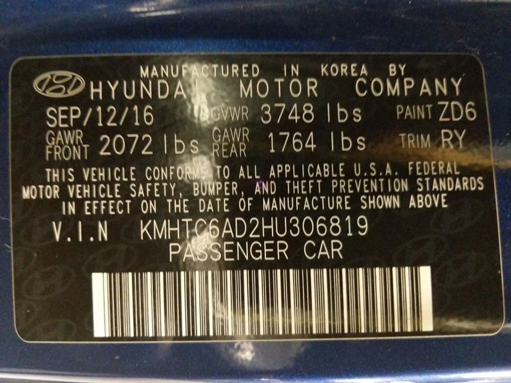 2017 Hyundai Veloster - VIN Plate