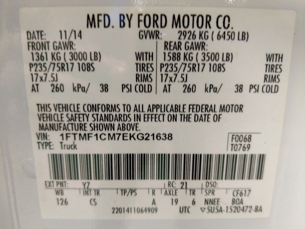 2014 Ford F-150 - VIN Plate