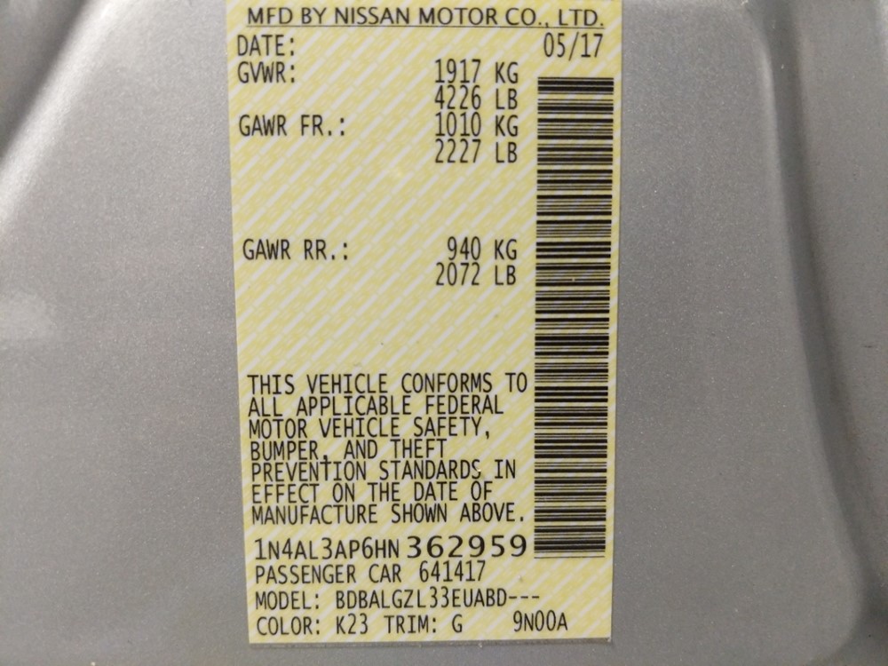 2017 Nissan Altima - VIN Plate