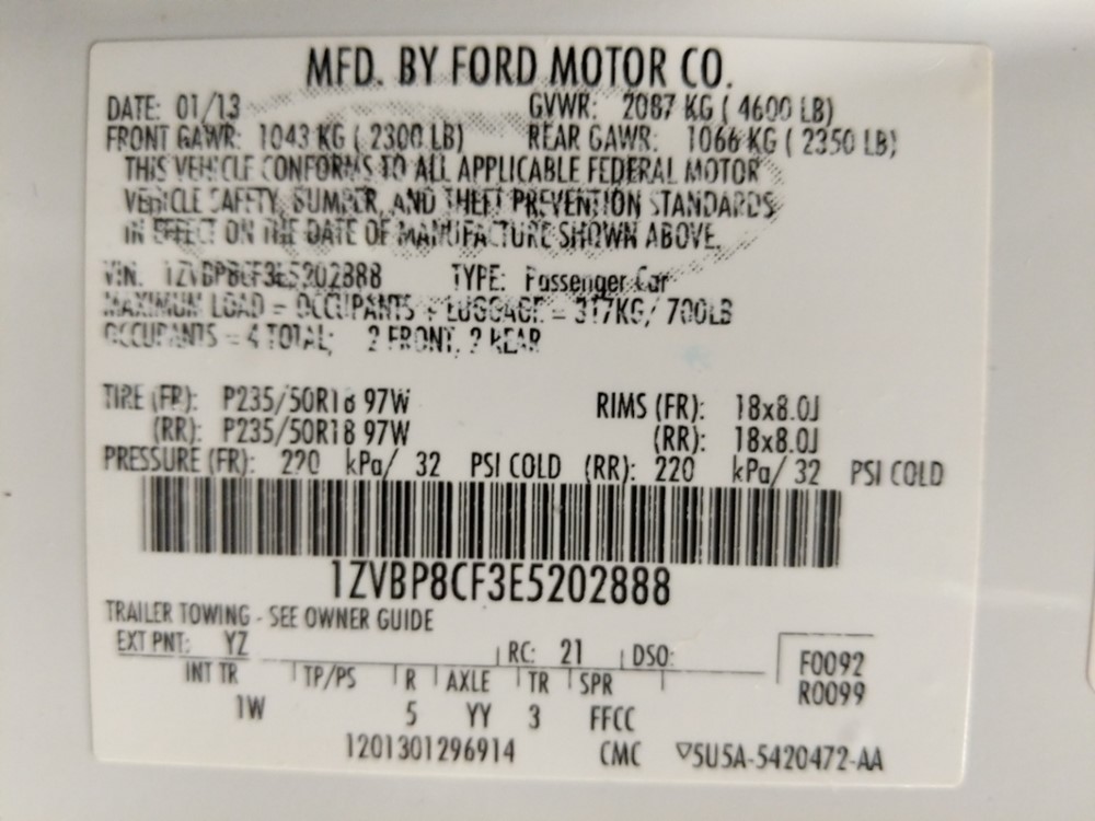 2014 Ford Mustang - VIN Plate